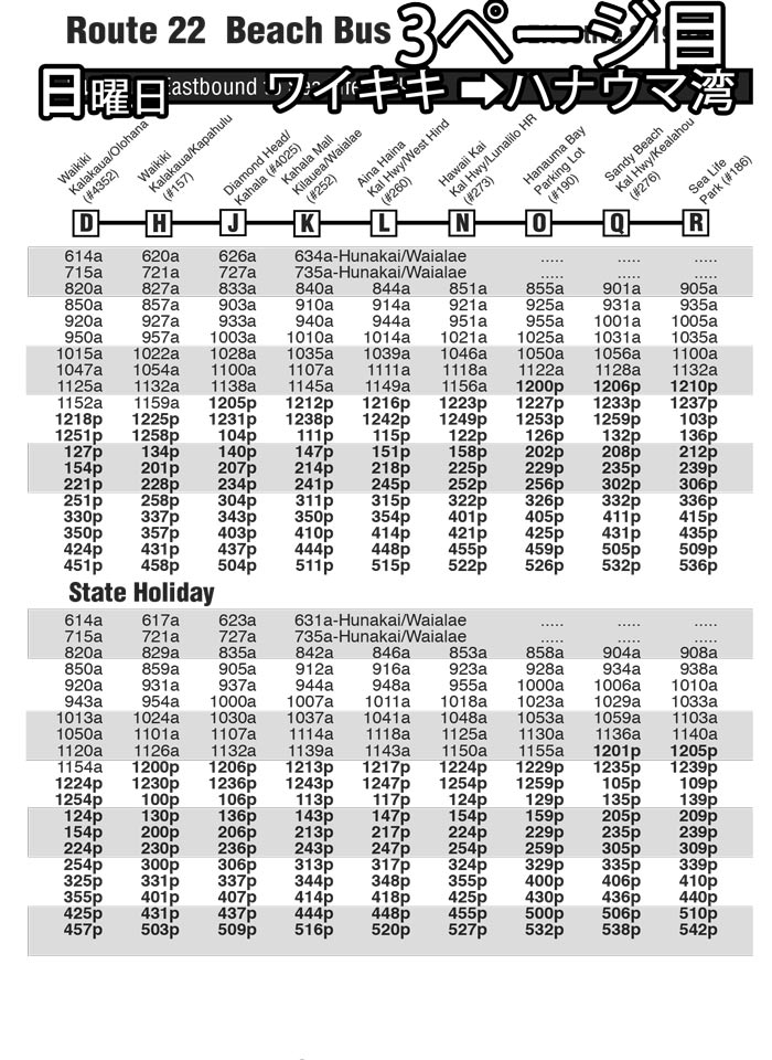 ワイキキからハナウマ湾のザ・バス時刻表