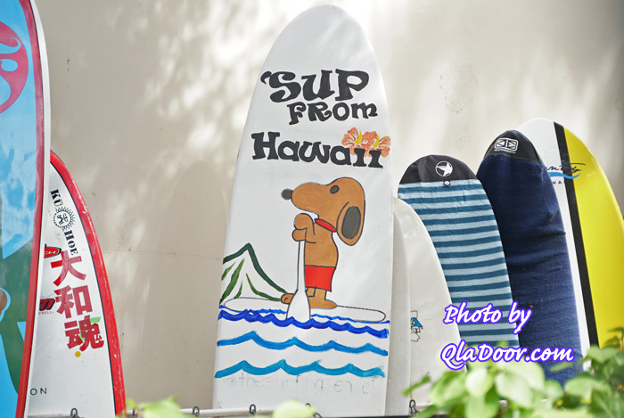 ハワイの日焼けスヌーピーのサーフィンボード